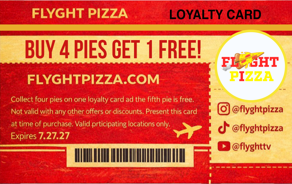 Front of the Flyght Pizza Frequent Flyers loyalty card